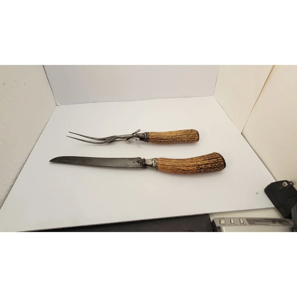 Antique Landers Frary Clark Stag Antler Carving Knife Fork Set Aetna Works